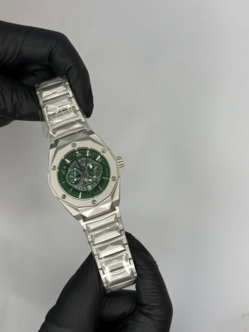 Hublot Diamond Cut Skeleton Green Dial Silver Chain