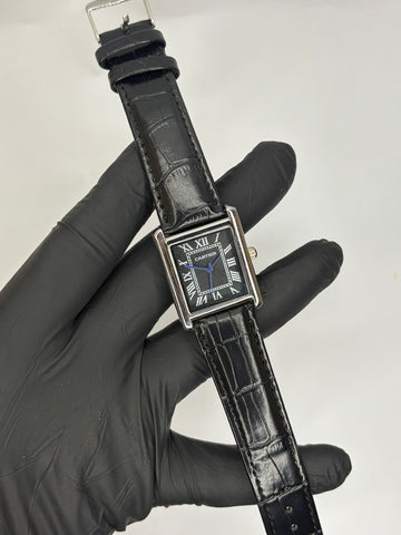 Cartier tank watch Black dial black strap silver edition