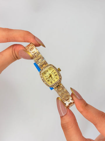 Luxury Gold Women's Crystal-Studded Square Dial Bracelet Watch