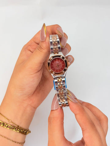 Luxury Two-Tone Women's Crystal Bezel Bracelet Watch – Burgundy Dial