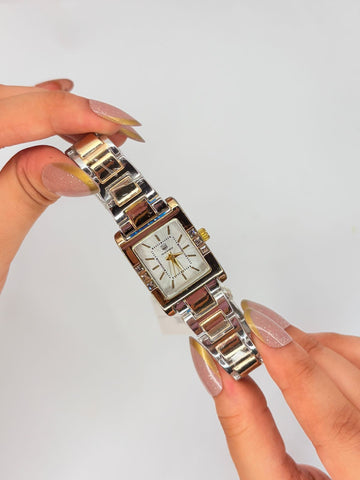 Luxury Two-Tone Women's Rectangular Dial Crystal Accent Bracelet Watch