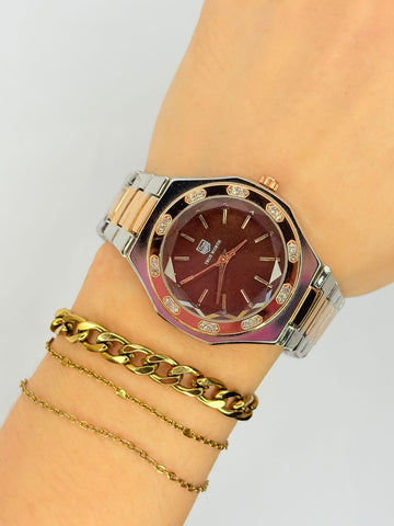 Luxury Women's Two-Tone Quartz Watch with Crystal Bezel