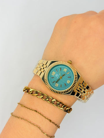 Luxury Women's Gold Quartz Watch with Sky Blue Dial