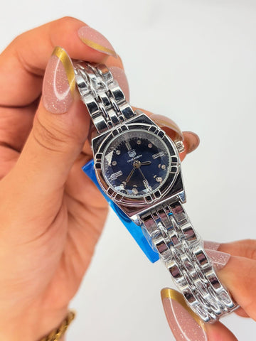 Luxury Women's Silver Quartz Watch with Navy Blue Dial