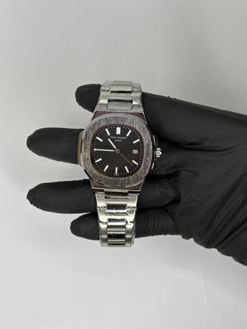 Patek Philippe Nautilus Black Dial Silver Chain Watch