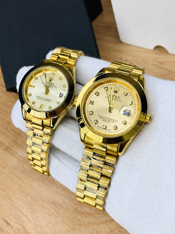 Gold Couple Watch Set – Classic Dial & Premium Chain