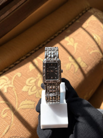 Michael Kors Ladies Rectangular Black Dial Silver Tone Watch