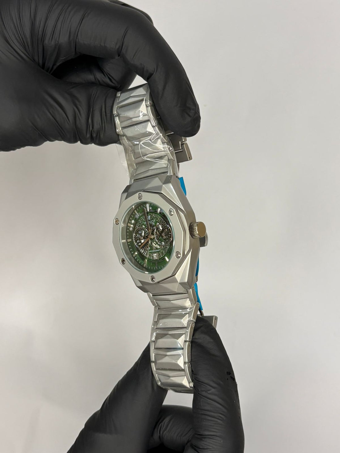 Hublot Diamond Cut Skeleton Green Dial Silver Chain